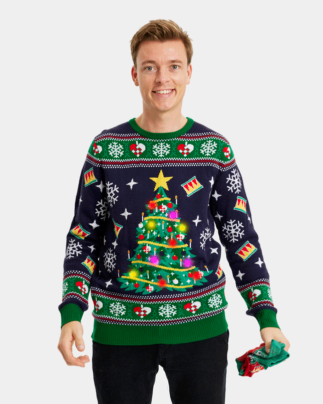 Pull de Noël bleu à LED pour homme avec sapin de Noël