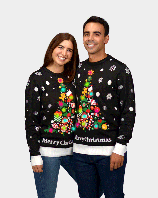 Pull de Noël noir pour homme avec sapin de Noël et LED