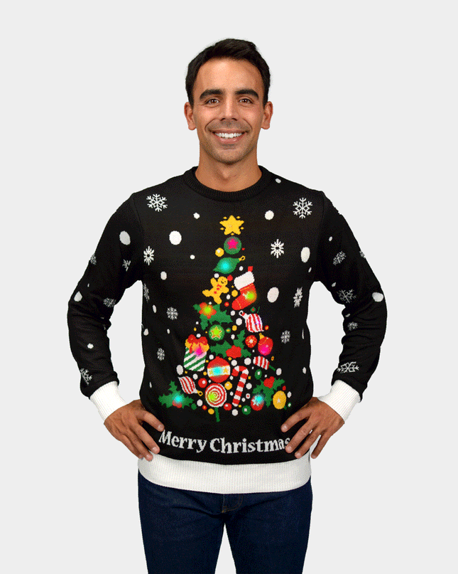 Pull de Noël noir pour homme avec sapin de Noël et LED