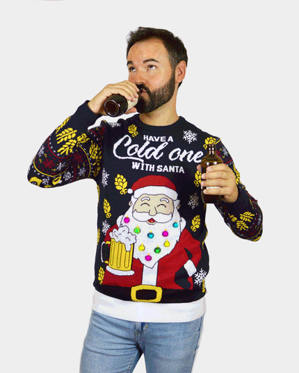 Pull de Noël LED pour homme avec Père Noël et bière