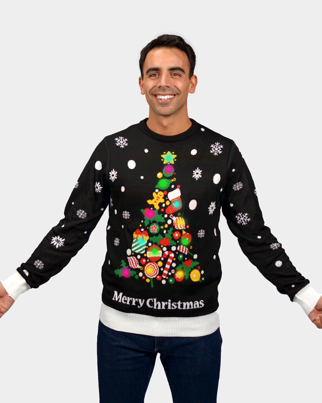 Pull de Noël noir pour homme avec sapin de Noël et LED