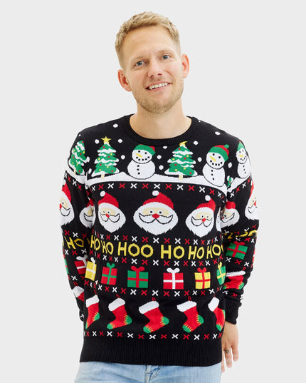 Pull en coton bio pour homme avec Père Noël, cadeaux et bonshommes de neige