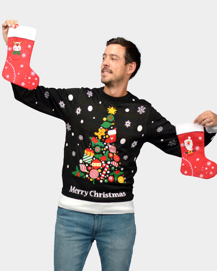 Christmas Sweater for Men Black with Christmas Tree Design