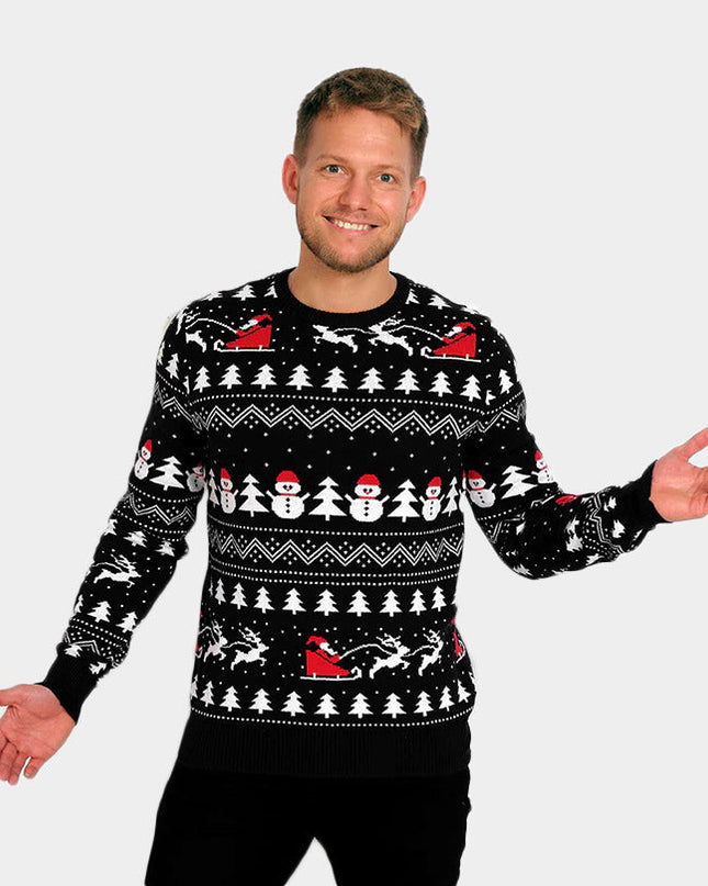 Black Christmas Sweater for Men with Trees and Snowmen