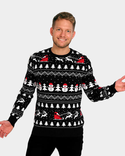 Pull de Noël noir pour homme avec sapins et bonshommes de neige