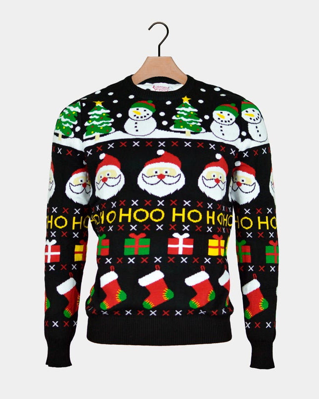 Pull en coton bio pour homme avec Père Noël, cadeaux et bonshommes de neige