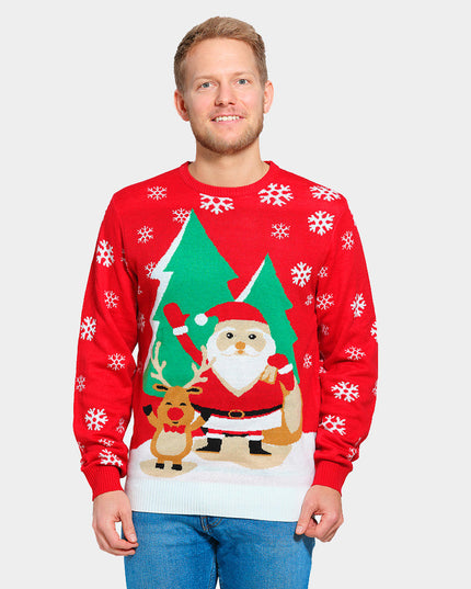 Christmas Sweater for Men Red with Santa Claus and Saluting Reindeer