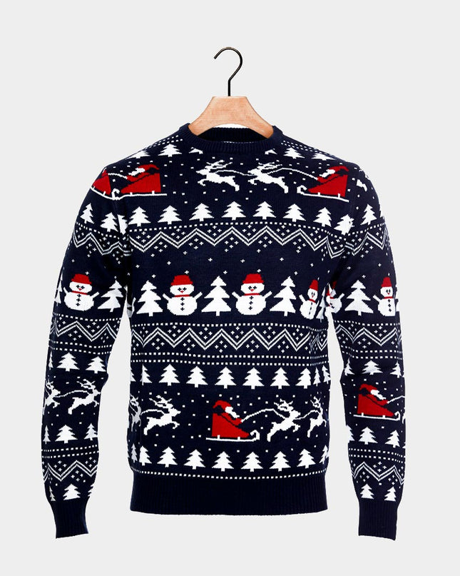 Pull bleu pour homme avec sapins, bonshommes de neige et Père Noël