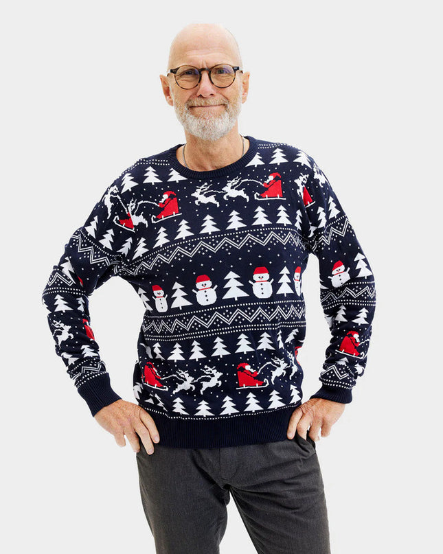Pull bleu pour homme avec sapins, bonshommes de neige et Père Noël