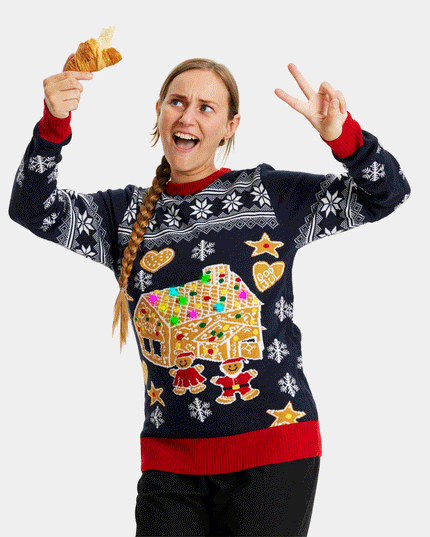 Christmas Sweater for Men Light-Up LED Gingerbread House