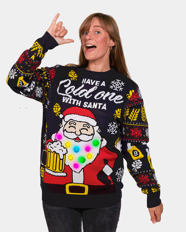 Pull de Noël LED pour femme avec Père Noël et bière