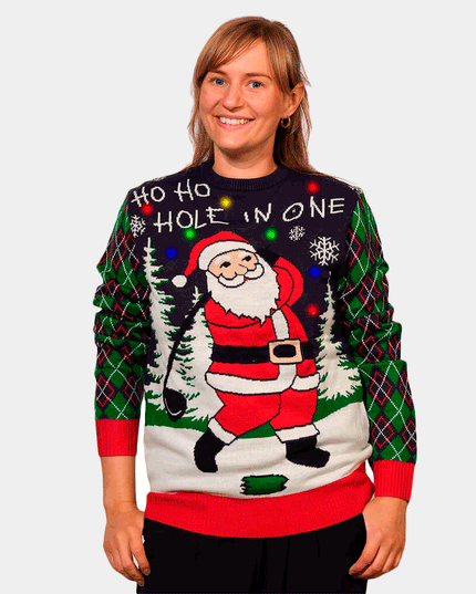 Pull de Noël LED pour femme avec Père Noël golfeur