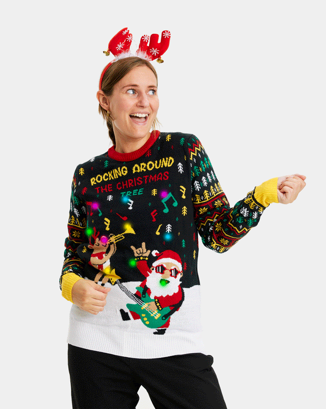 Pull de Noël LED pour femme avec Père Noël rockeur