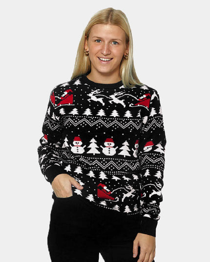Black Christmas Sweater for Women with Trees and Snowmen