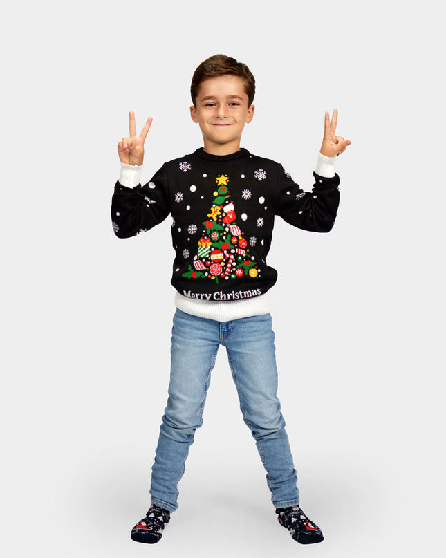 Pull de Noël noir pour enfant avec motif sapin de Noël
