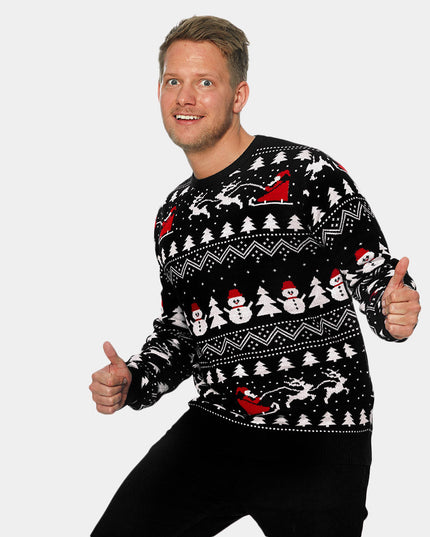 Pull de Noël noir pour homme avec sapins et bonshommes de neige