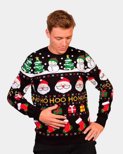 Pull en coton bio pour homme avec Père Noël, cadeaux et bonshommes de neige