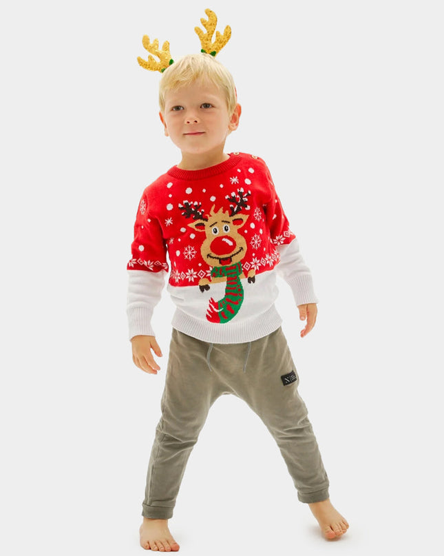 Pull de Noël enfant avec motif renne et écharpe