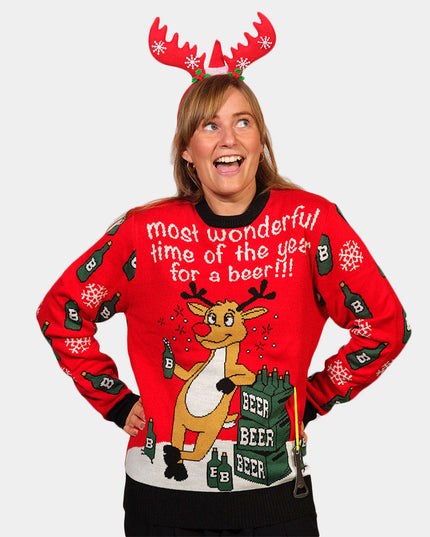 Women's Beer-Opening Reindeer Christmas Sweater