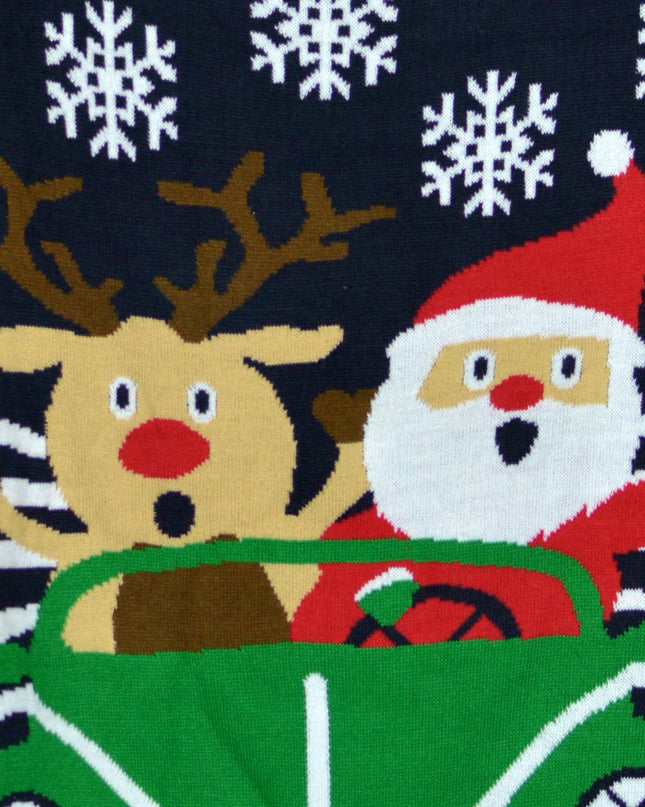 Family Christmas Sweater with Reindeer and Santa Driving