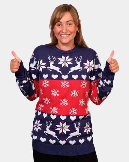 Women's Christmas Sweater with Blue and Red Reindeer and Hearts