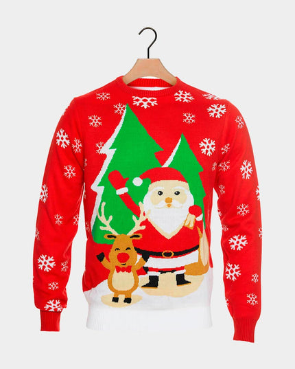 Women's Red Christmas Sweater with Saluting Santa and Reindeer