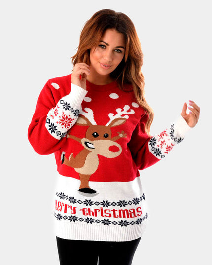 Pull rouge pour femme avec renne patineur