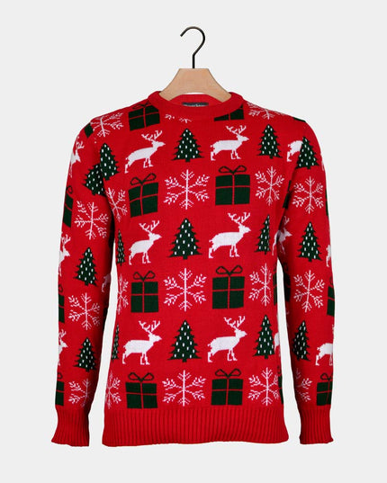 Christmas Sweater for Couples Red with Reindeer, Gifts, and Trees