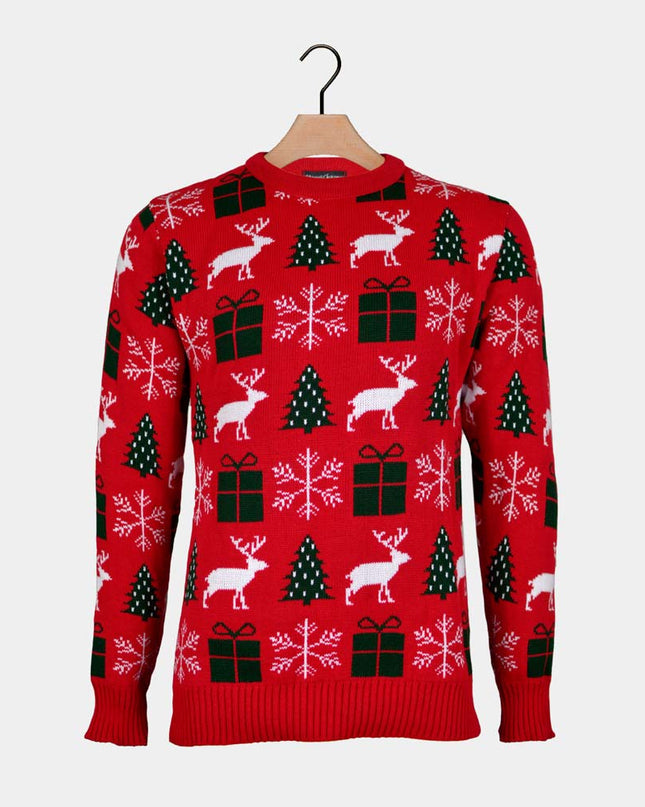 Christmas Sweater for Couples Red with Reindeer, Gifts, and Trees