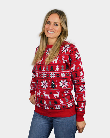 Red Christmas Sweater for Women with Reindeer and Northern Stars