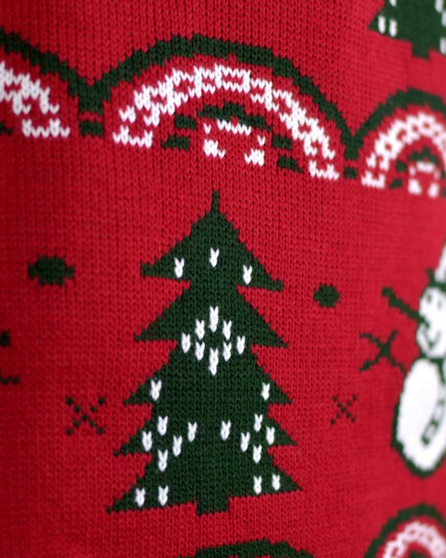 Pull de Noël rouge pour femme avec sapins et bonshommes de neige