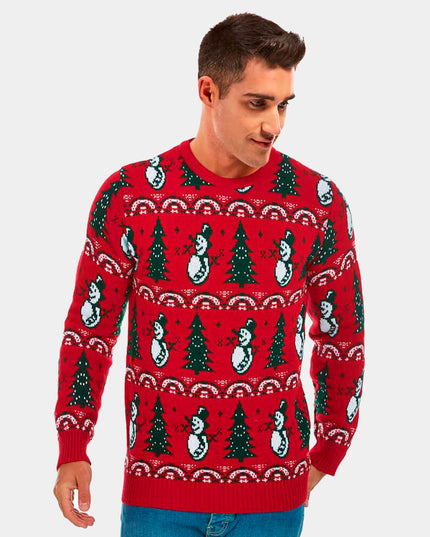 Christmas Sweater for Men Red with Christmas Trees and Snowmen