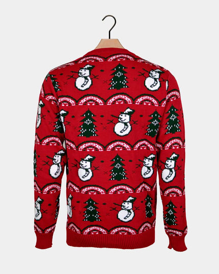 Pull de Noël rouge pour homme avec sapins et bonshommes de neige