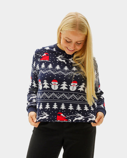 Pull de Noël bleu pour femme avec sapins, bonshommes de neige et Père Noël