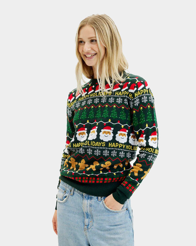 Pull de Noël vert pour femme « Joyeuses Fêtes »