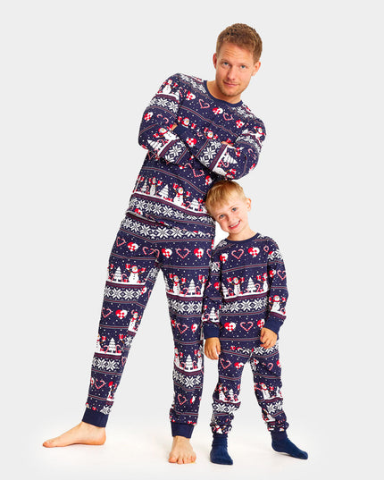 Unisex Adult Christmas Pajamas in Blue with Snowmen and Hearts