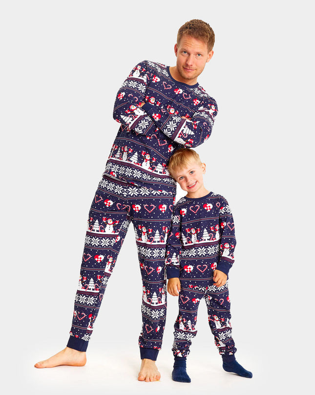 Unisex Blue Christmas Pajamas with Snowmen and Hearts