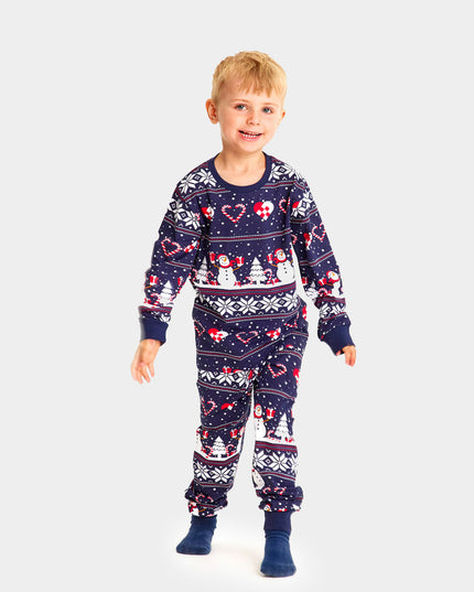 Pyjama de Noël bleu familial avec bonhommes de neige et cœurs