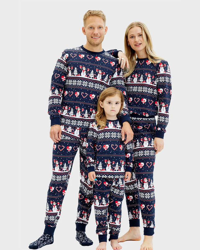 Family Christmas Pajamas in Blue with Snowmen and Hearts