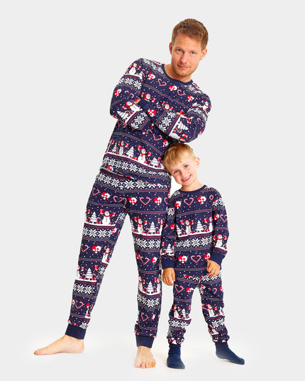Family Christmas Pajamas in Blue with Snowmen and Hearts