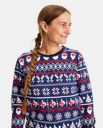 Family Christmas Pajamas in Blue with Santa, Trees, and Hearts