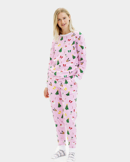 Pyjamas de Noël familiaux roses à motifs festifs