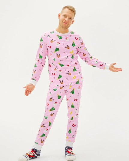 Pyjamas de Noël familiaux roses à motifs festifs