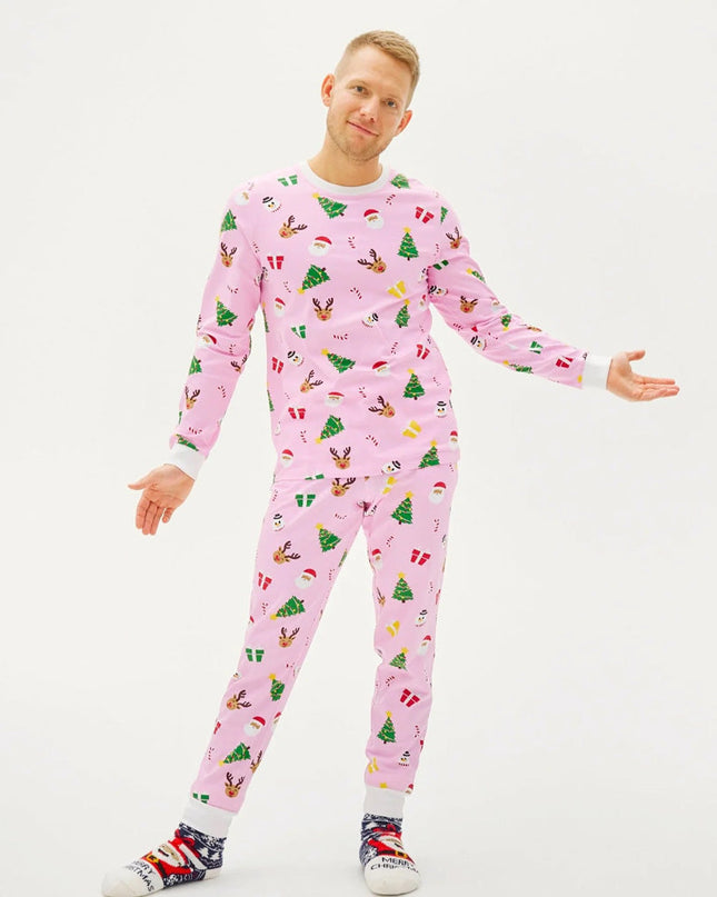 Pyjamas de Noël familiaux roses à motifs festifs