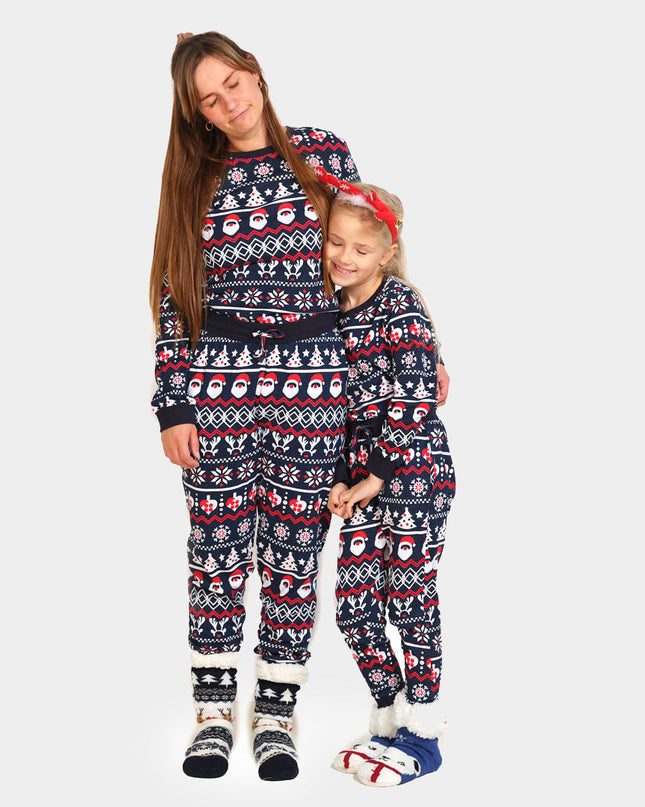 Pyjama de Noël unisexe adulte bleu avec Père Noël, sapins et cœurs