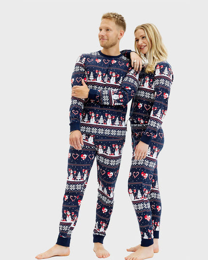 Unisex Adult Christmas Pajamas in Blue with Snowmen and Hearts