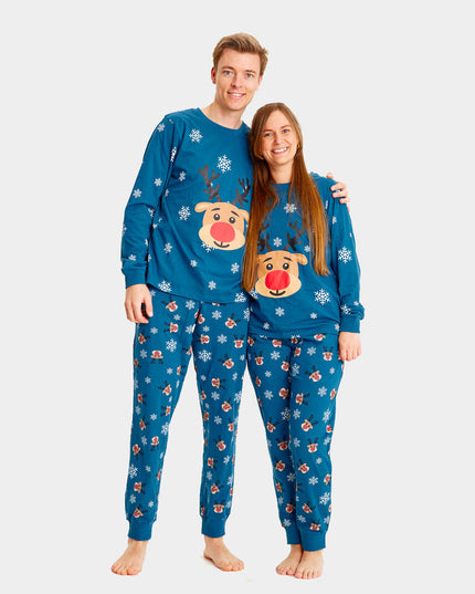 Pyjama de Noël unisexe adulte bleu avec Rudolph le renne