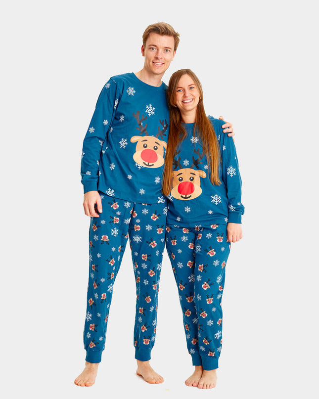 Pyjama de Noël unisexe adulte bleu avec Rudolph le renne
