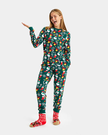 Pyjama de Noël unisexe adulte vert à motifs festifs