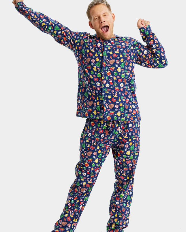 Pyjama de Noël unisexe adulte bleu à motifs festifs